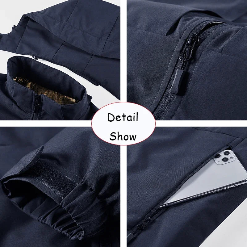 Winter Men Fleece Warm Outdoor Windproof Detachable Hooded Jacket Men Solid Zipper Waterproof Casual Fashion Jacket Male Coat