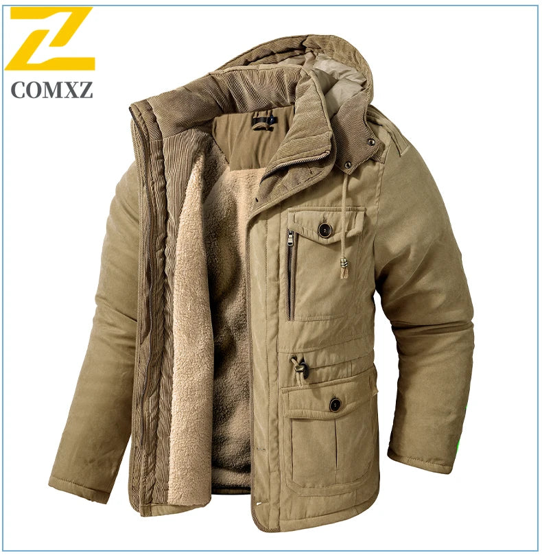 High Quality Fleece Jacket Men's Winter Vintage Warm Thick Hooded Parka 2024 Camping Snow Cold-proof Pocket Coat Men's Clothing