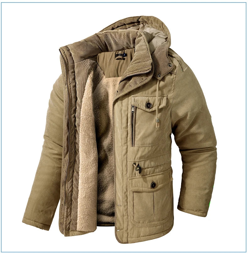 High Quality Fleece Jacket Men's Winter Vintage Warm Thick Hooded Parka 2024 Camping Snow Cold-proof Pocket Coat Men's Clothing