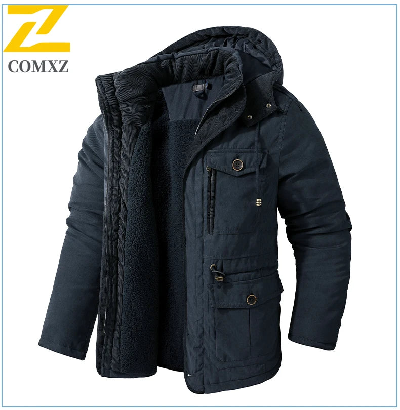 High Quality Fleece Jacket Men's Winter Vintage Warm Thick Hooded Parka 2024 Camping Snow Cold-proof Pocket Coat Men's Clothing