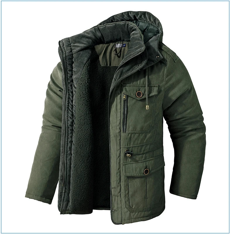 High Quality Fleece Jacket Men's Winter Vintage Warm Thick Hooded Parka 2024 Camping Snow Cold-proof Pocket Coat Men's Clothing