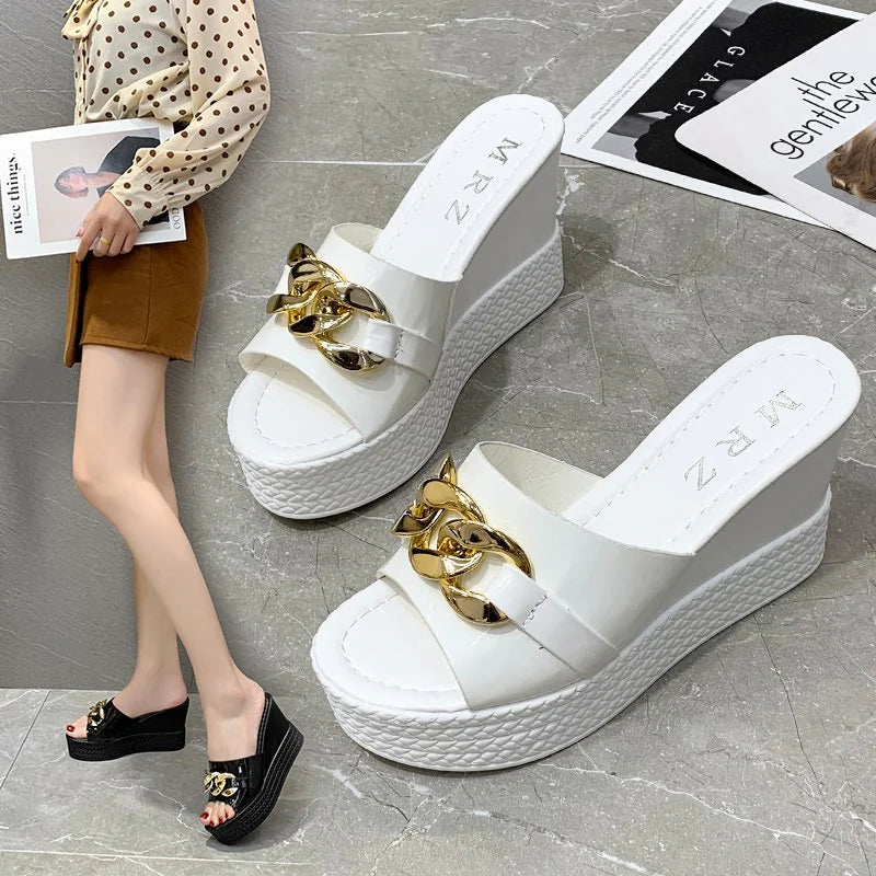 Gold Chain High Heel Wedge Slippers for Women