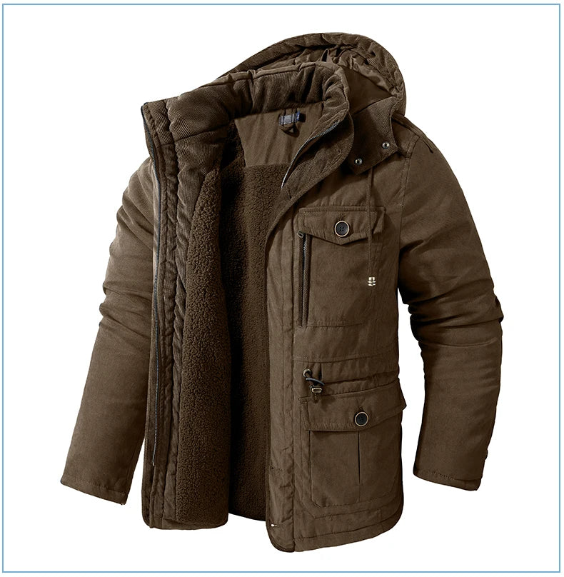 High Quality Fleece Jacket Men's Winter Vintage Warm Thick Hooded Parka 2024 Camping Snow Cold-proof Pocket Coat Men's Clothing