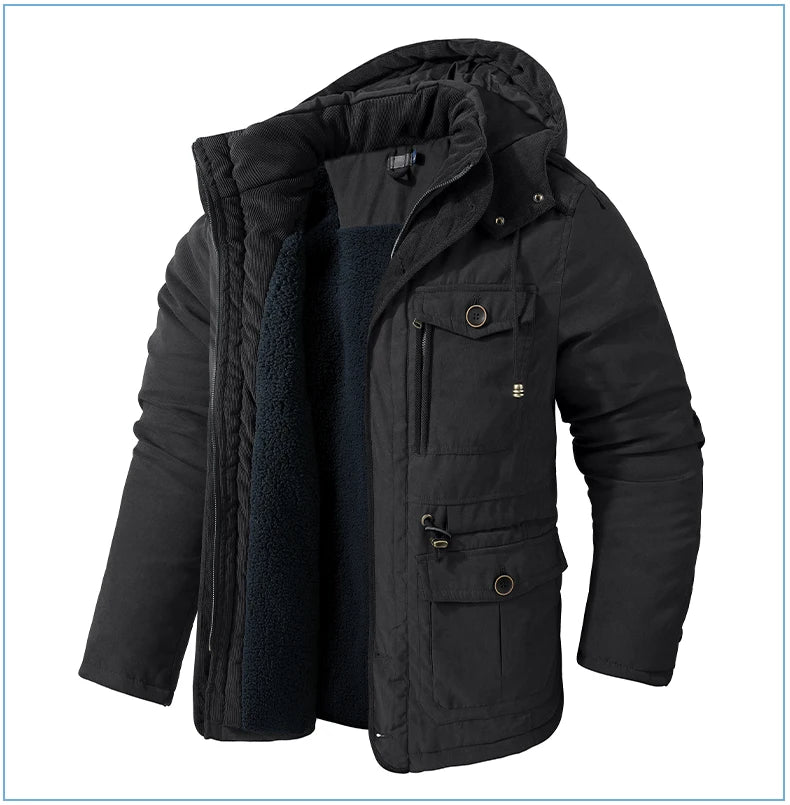 High Quality Fleece Jacket Men's Winter Vintage Warm Thick Hooded Parka 2024 Camping Snow Cold-proof Pocket Coat Men's Clothing