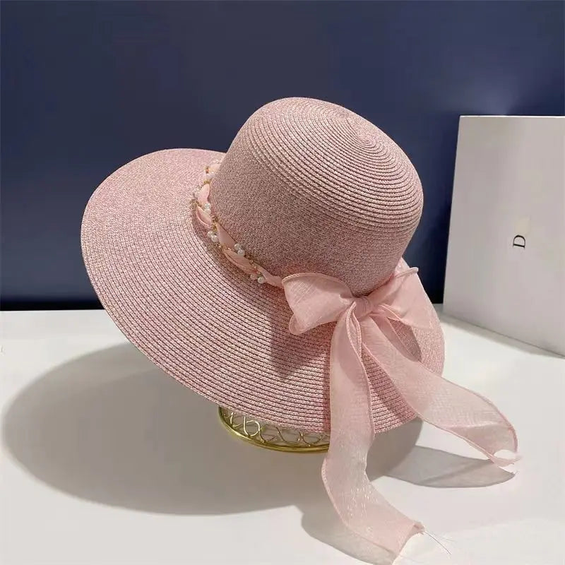 French Lace Strap Big Brim Beach Hat for Women