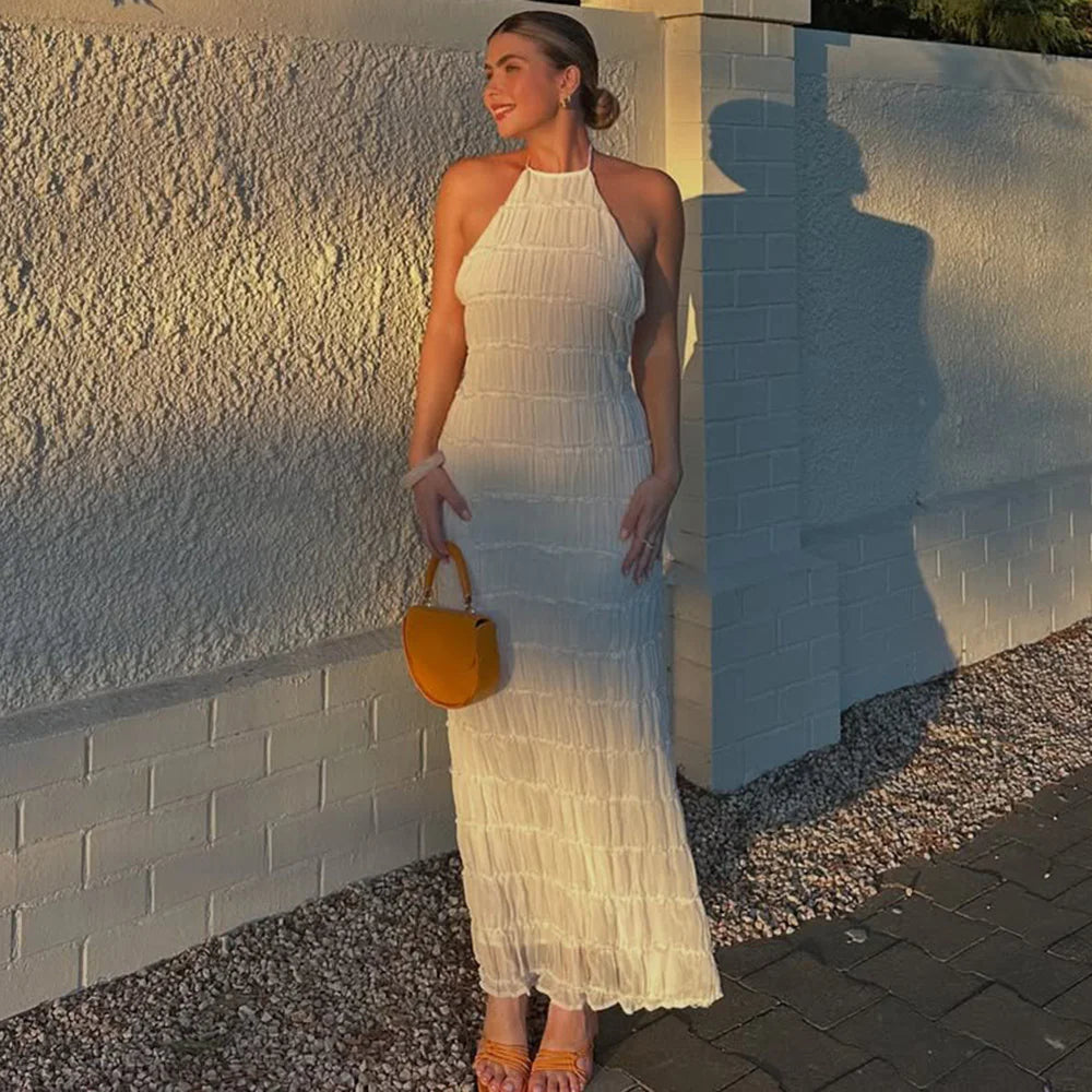 Backless Pleated Stripe Fabric Halter Maxi Dress
