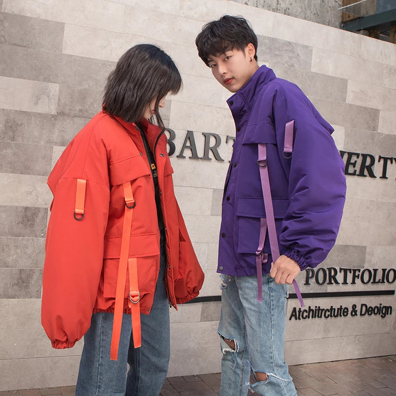 2021 Men Winter Jacket Ribbons Pockets Thick Hip Hop Streetwear Parkas Casual Padded Men's Jackets Male Clothing ABZ522