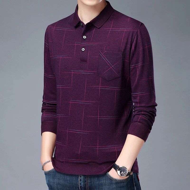 2023 New Fashion Designer Brand Turn Down Collar Man Polo Shirt Men Casual Plaid Spandex Long Sleeve Tops Fall Men Clothing