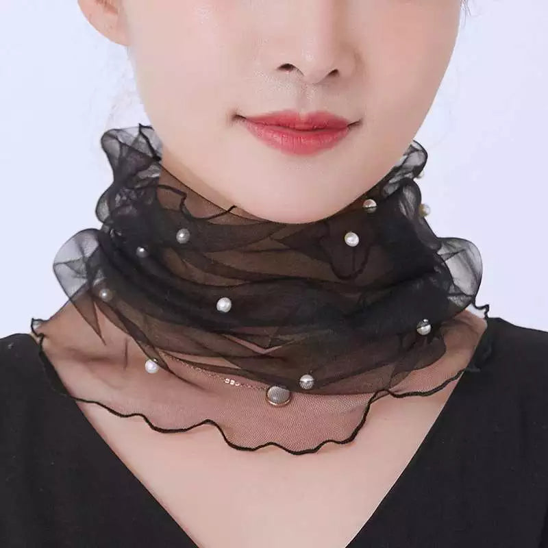 Korean Women's Mesh Elastic False Collars Neck Protective Sleeves Headwear Bib Summer Lace Pearl Thin Sunscreen Scarf P55