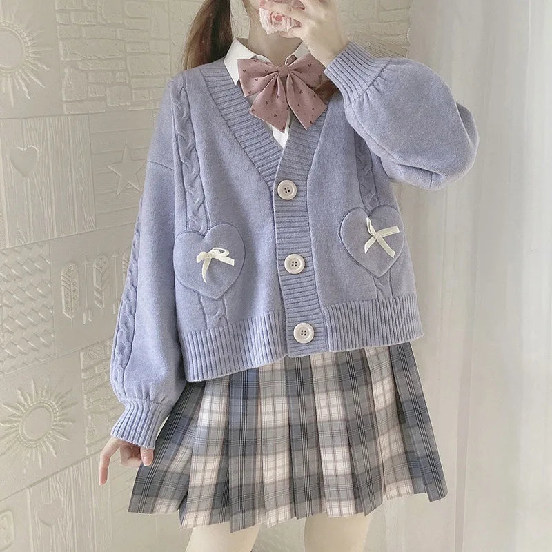 Anbenser-Women's Vintage Crop Knitted Sweater, Pink Cardigan, Korean JK School Coat, Cute Bow Heart, Kawaii Fashion, Spring
