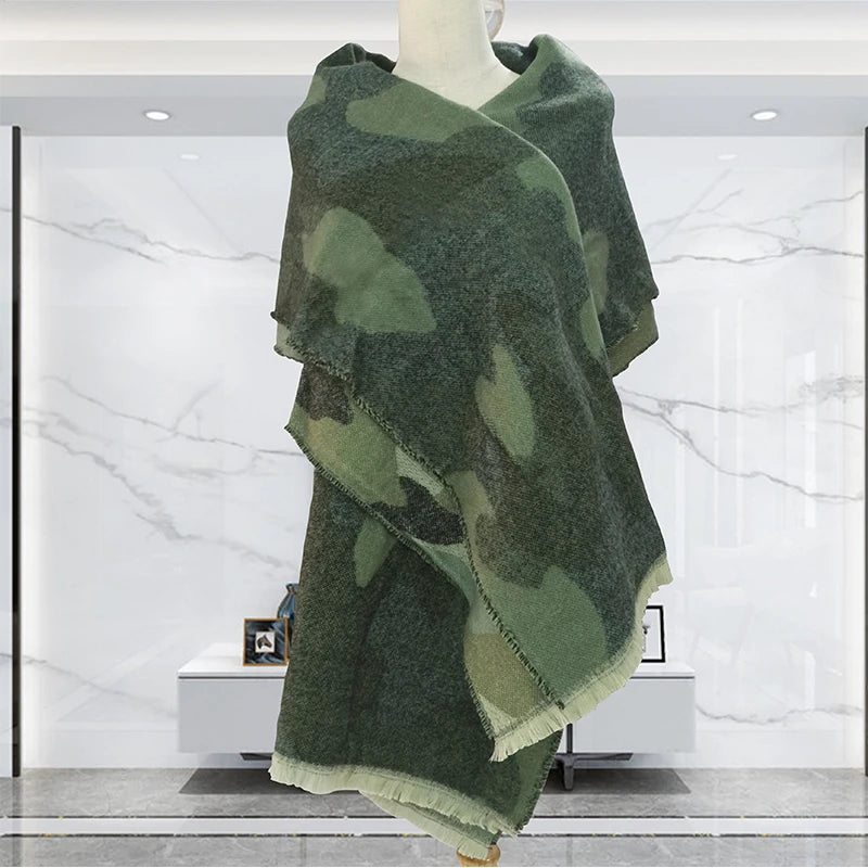 2023 Winter Leopard Print Cashmere Scarf Women Green Warm Thick Wool Shawl for Women Scarves and Shawls Ladies Ponchos and Capes