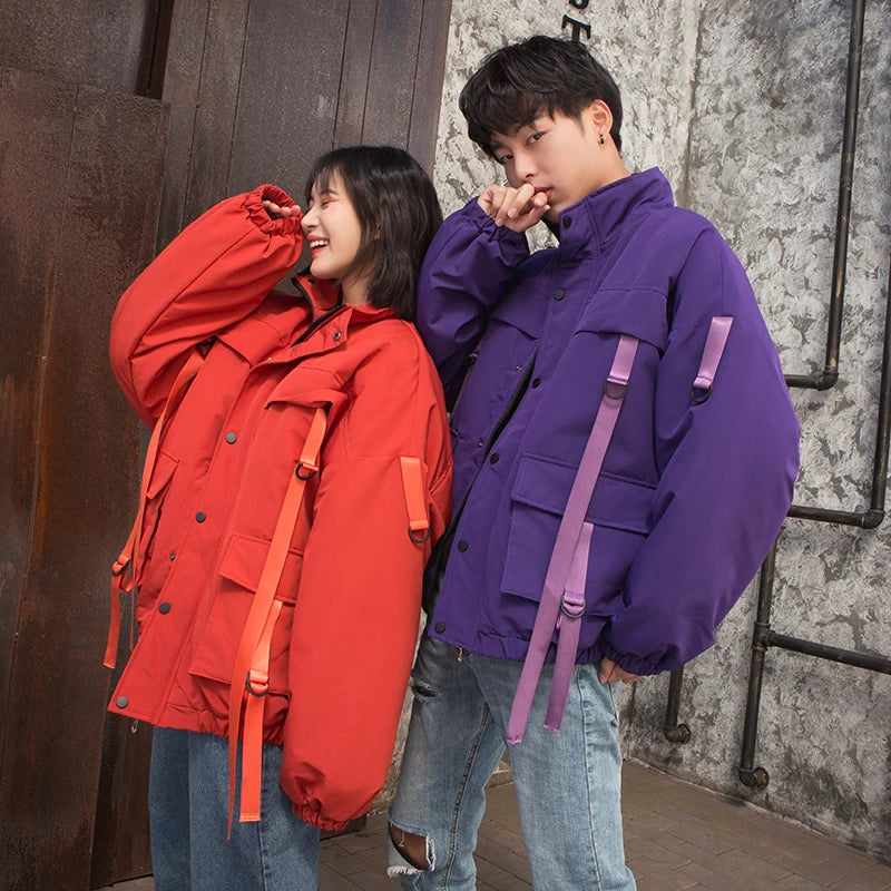 2021 Men Winter Jacket Ribbons Pockets Thick Hip Hop Streetwear Parkas Casual Padded Men's Jackets Male Clothing ABZ522