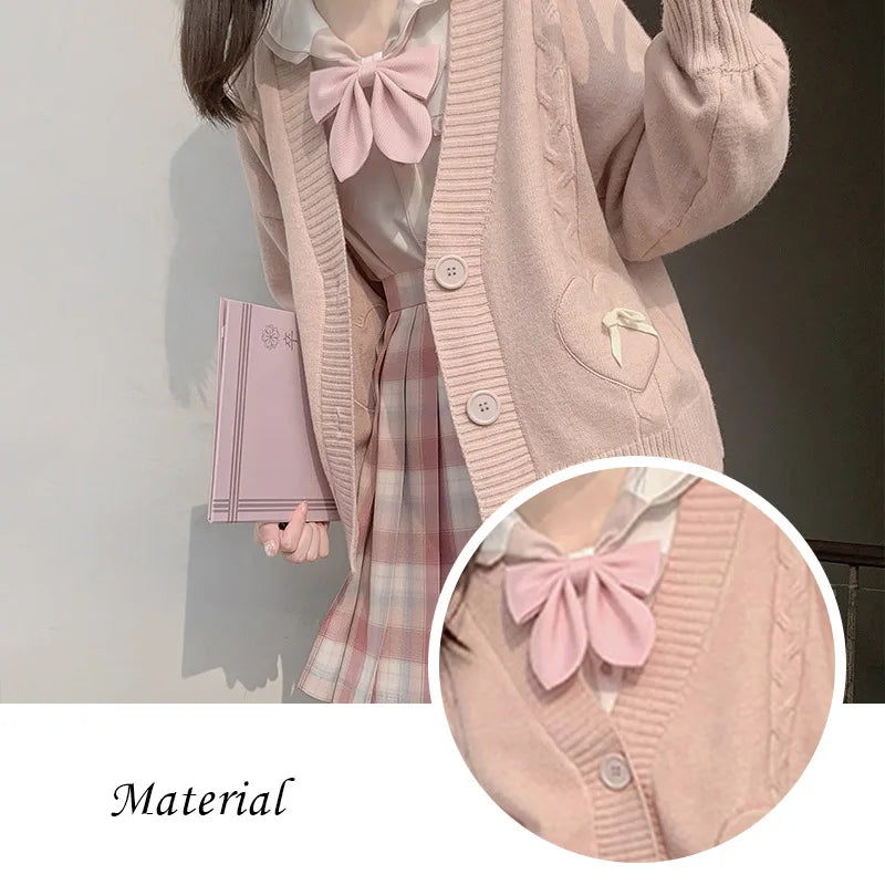 Anbenser-Women's Vintage Crop Knitted Sweater, Pink Cardigan, Korean JK School Coat, Cute Bow Heart, Kawaii Fashion, Spring
