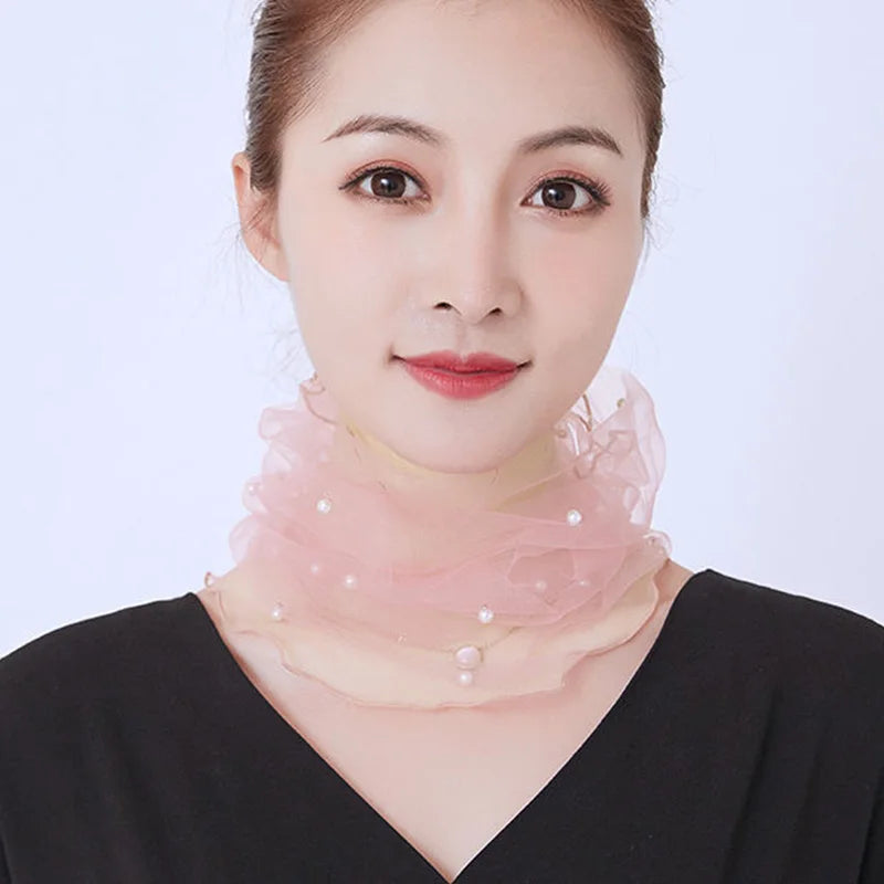 Korean Women's Mesh Elastic False Collars Neck Protective Sleeves Headwear Bib Summer Lace Pearl Thin Sunscreen Scarf P55