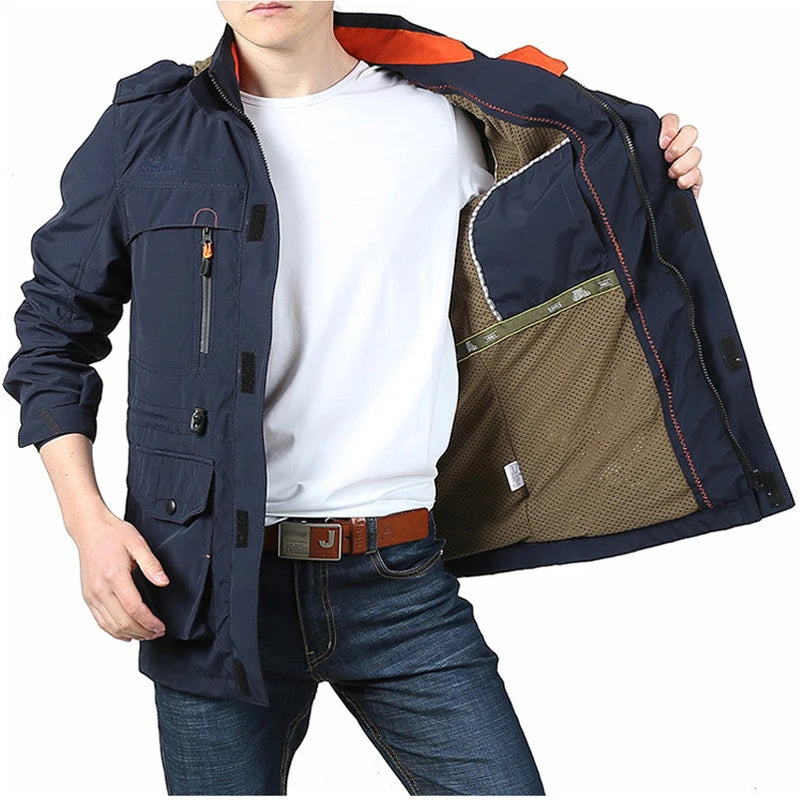 DIMUSI Men's Jackets Casual Outwear Hiking Windbreaker Hooded Coats Fashion Army Cargo Bomber Jackets Mens Clothing