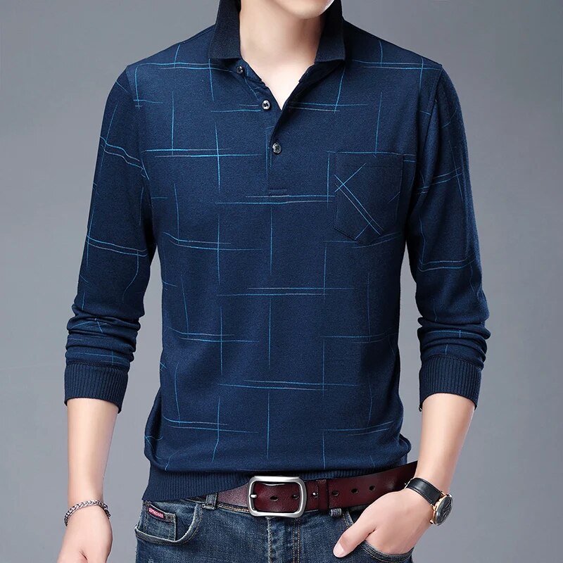 2023 New Fashion Designer Brand Turn Down Collar Man Polo Shirt Men Casual Plaid Spandex Long Sleeve Tops Fall Men Clothing