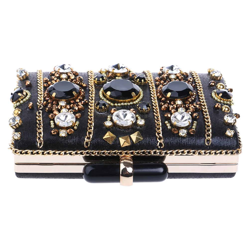 SEKUSA Embroidery Women Handbags Beaded Chain Accessory Metal Day Clutches Party Wedding Evening Bags One Side Diamonds Purse