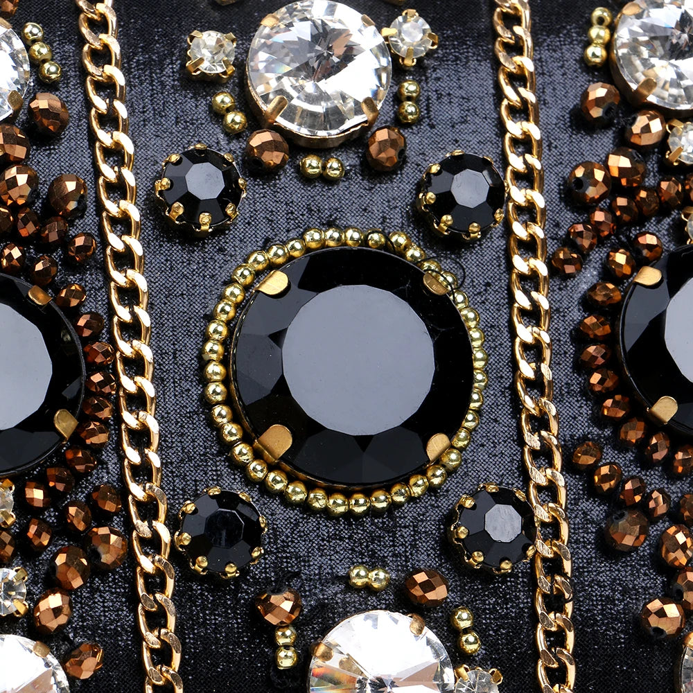SEKUSA Embroidery Women Handbags Beaded Chain Accessory Metal Day Clutches Party Wedding Evening Bags One Side Diamonds Purse