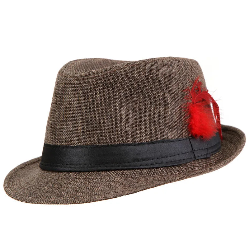 Xthree Trendy Unisex Side with feathers Fedora Trilby Gangster Cap For Women Summer Beach Sun Straw Panama Hat Men Fashion Hats