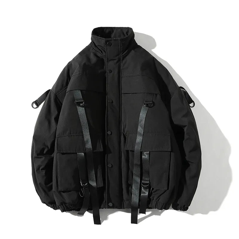 2021 Men Winter Jacket Ribbons Pockets Thick Hip Hop Streetwear Parkas Casual Padded Men's Jackets Male Clothing ABZ522