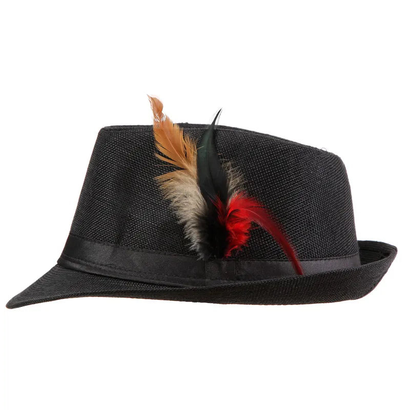 Xthree Trendy Unisex Side with feathers Fedora Trilby Gangster Cap For Women Summer Beach Sun Straw Panama Hat Men Fashion Hats