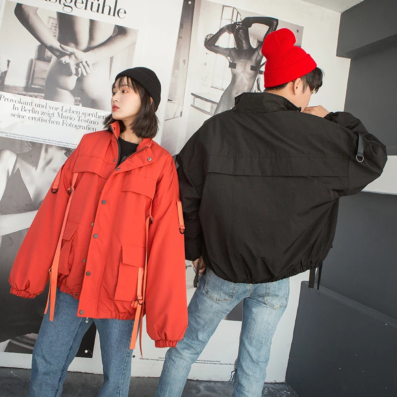 2021 Men Winter Jacket Ribbons Pockets Thick Hip Hop Streetwear Parkas Casual Padded Men's Jackets Male Clothing ABZ522