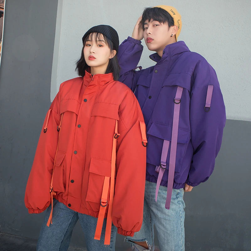 2021 Men Winter Jacket Ribbons Pockets Thick Hip Hop Streetwear Parkas Casual Padded Men's Jackets Male Clothing ABZ522