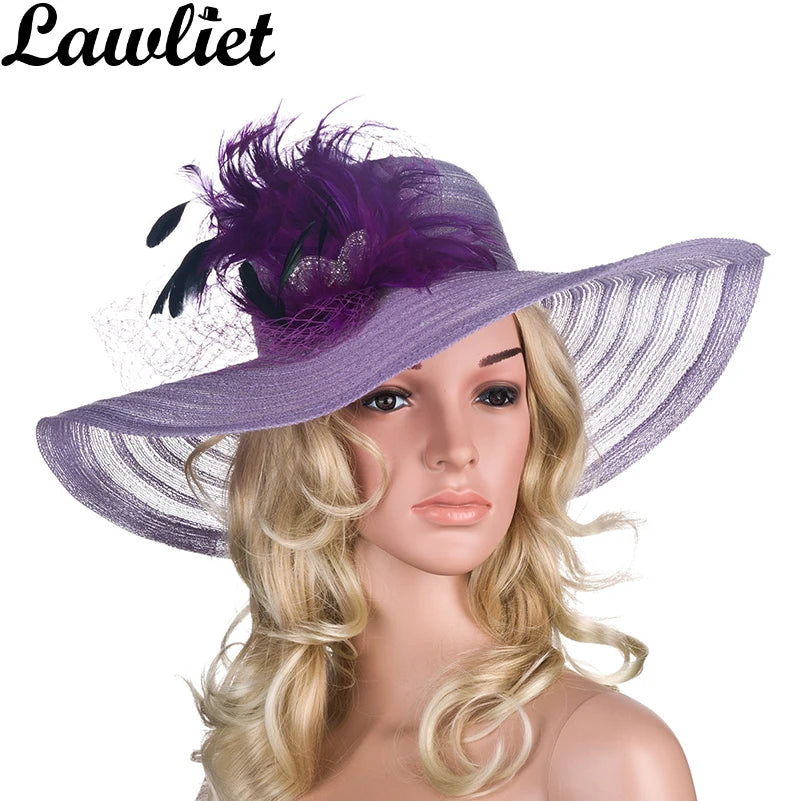 Lawliet Women Dress Hats Church Wedding Kentucky Derby Wide Brim Feather Veil Sun Hat Female Floppy Hats for Summer A265
