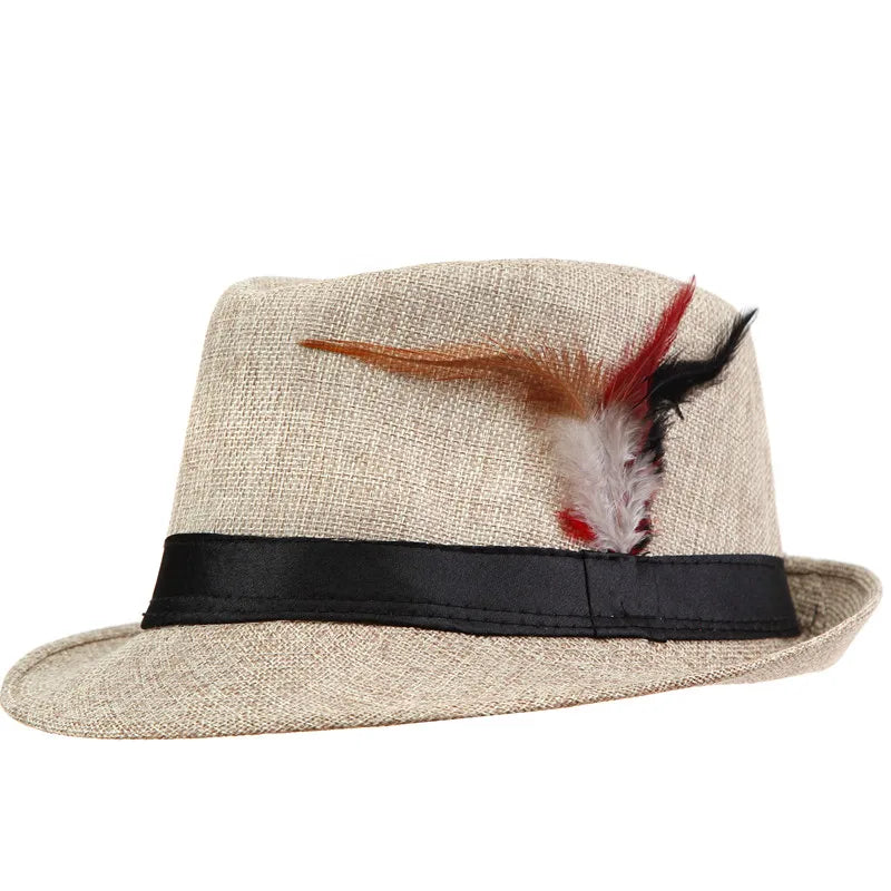 Xthree Trendy Unisex Side with feathers Fedora Trilby Gangster Cap For Women Summer Beach Sun Straw Panama Hat Men Fashion Hats