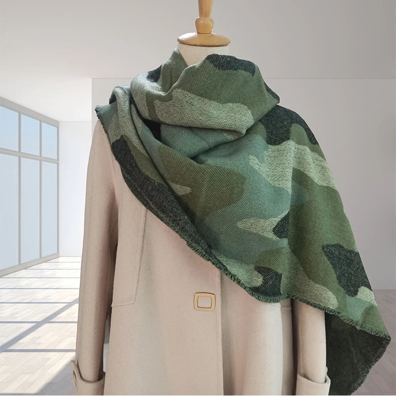 2023 Winter Leopard Print Cashmere Scarf Women Green Warm Thick Wool Shawl for Women Scarves and Shawls Ladies Ponchos and Capes
