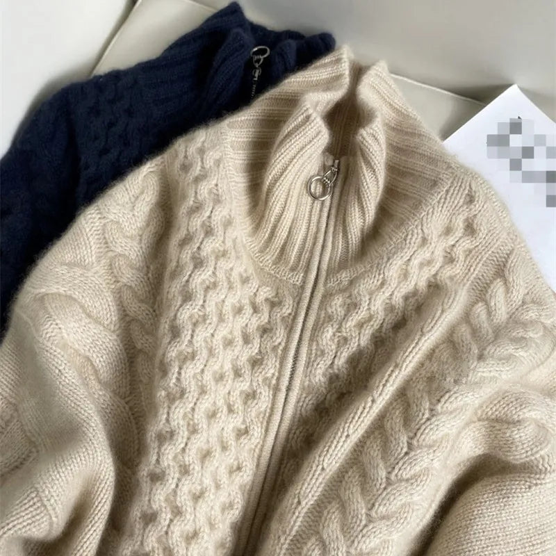 Autumn And Winter New Thick Turtleneck Cashmere Knitted Cardigan Women's Loose Wool Sweater Cardigan Larg Size Female Jacket Top