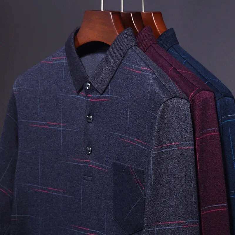 2023 New Fashion Designer Brand Turn Down Collar Man Polo Shirt Men Casual Plaid Spandex Long Sleeve Tops Fall Men Clothing