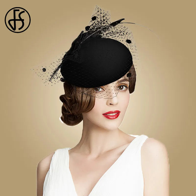 FS Leopard Fascinators Black Pillbox Hat With Veil 100% Australian Wool Felt Wedding Hats Women Elegant Bow Cocktail Fedoras