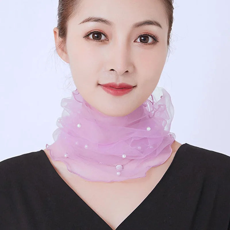Korean Women's Mesh Elastic False Collars Neck Protective Sleeves Headwear Bib Summer Lace Pearl Thin Sunscreen Scarf P55