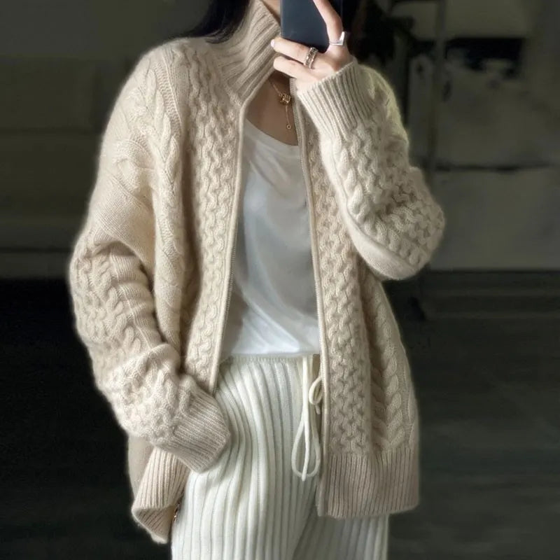 Autumn And Winter New Thick Turtleneck Cashmere Knitted Cardigan Women's Loose Wool Sweater Cardigan Larg Size Female Jacket Top