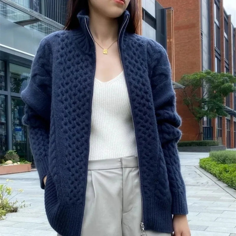 Autumn And Winter New Thick Turtleneck Cashmere Knitted Cardigan Women's Loose Wool Sweater Cardigan Larg Size Female Jacket Top