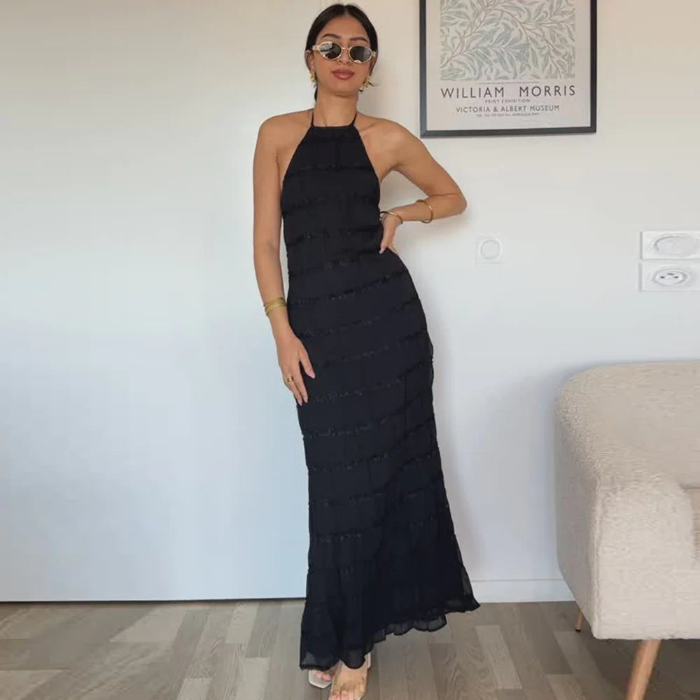Backless Pleated Stripe Fabric Halter Maxi Dress