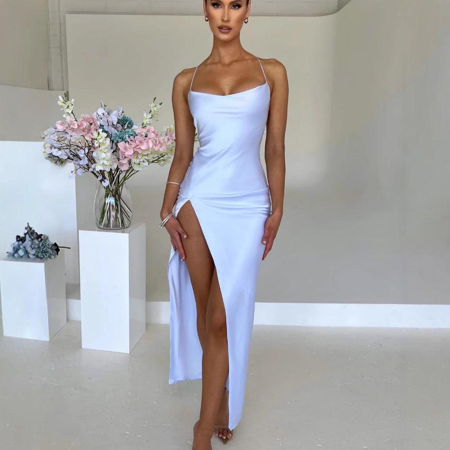 Satin Lace-Up Backless Dress