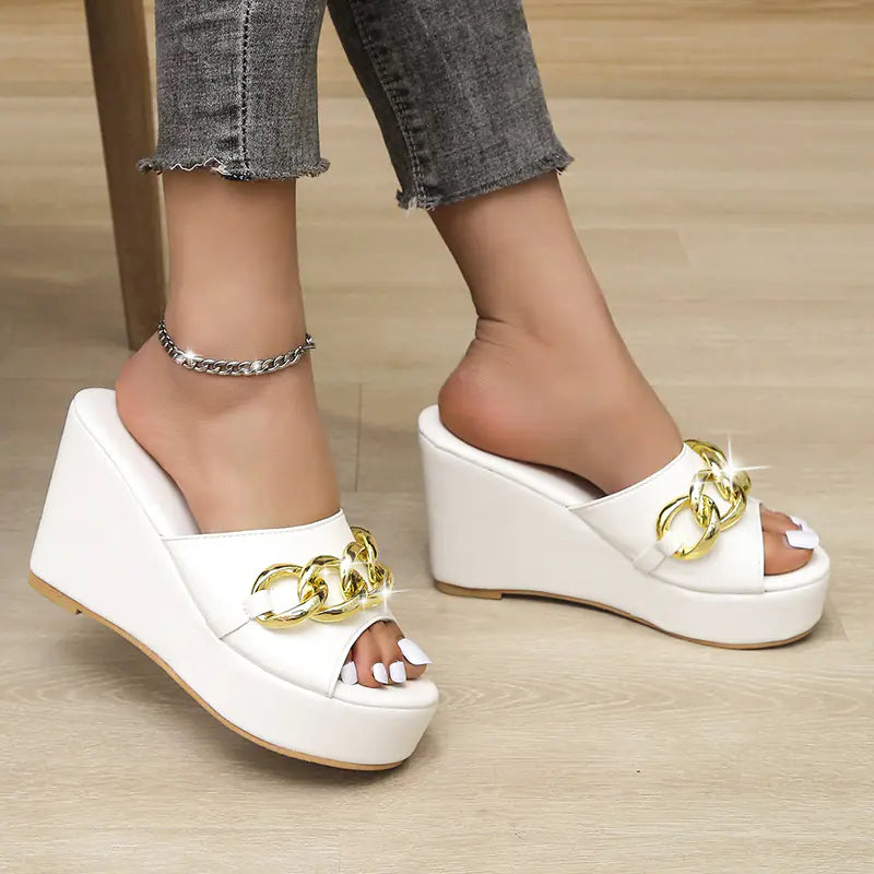 Gold Chain High Heel Wedge Slippers for Women