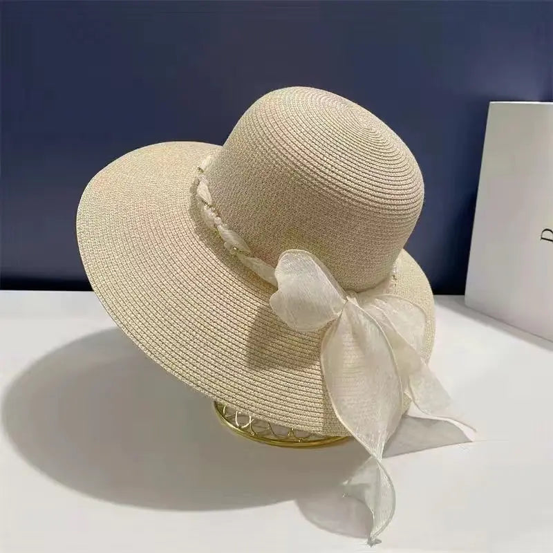 French Lace Strap Big Brim Beach Hat for Women