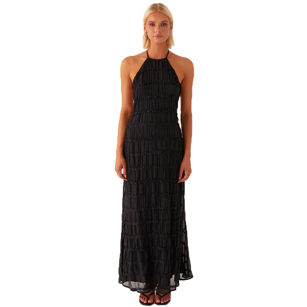 Backless Pleated Stripe Fabric Halter Maxi Dress