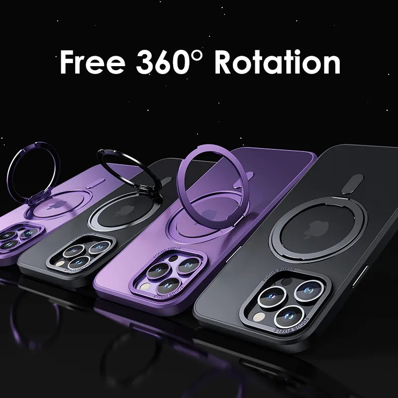 Magnetic 360°Rotation Stand Phone Case For iphone 11 12 13 14 15 Pro Max 15Plus With Ring Holder Frosted Transparent Cover Funda