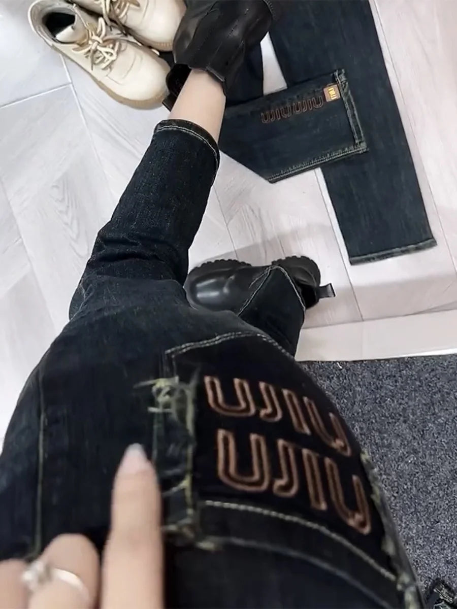 Y2k Women Jeans Large Size Straight Leg Women's Pants 2023 New High-waisted Slimming Elastic Design Nine Points Women's Pants