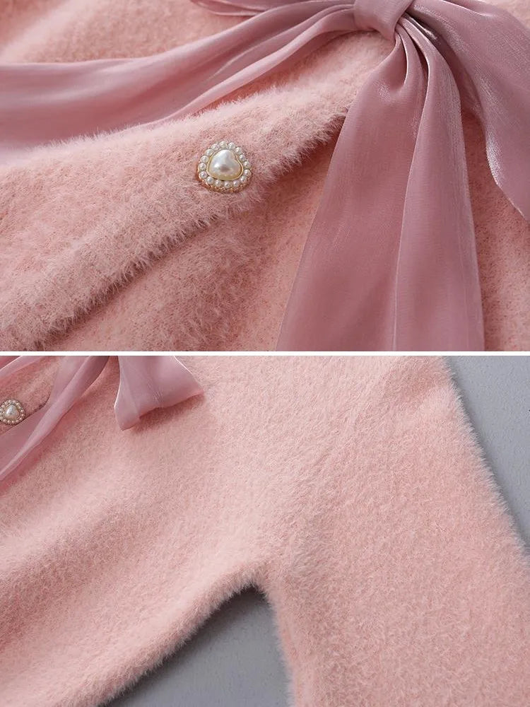 Women's Sweaters Sweater Jacket for Women's Autumn Winter 2023 New In Loose Bowknot Knitted Korean Fashion Sweet Pink Cardigan