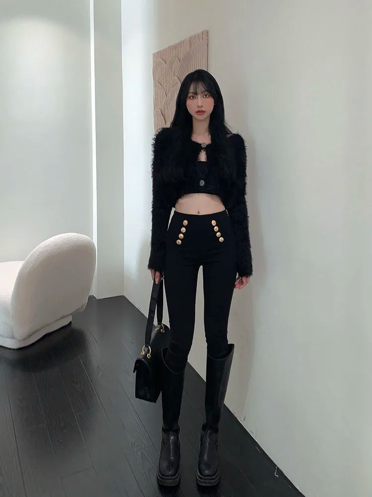 Fashion women's trousers 2023 Spring autumn high-elastic double-breasted tight-fitting high-waisted slimming pants Women's pants