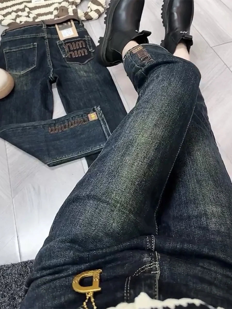 Y2k Women Jeans Large Size Straight Leg Women's Pants 2023 New High-waisted Slimming Elastic Design Nine Points Women's Pants