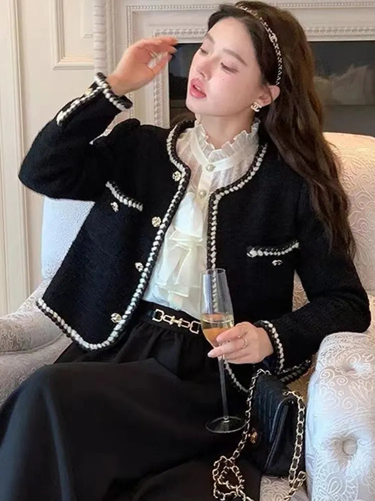 SMTHMA French Style Small Fragrant Woolen Coat Women's Spring And Autumn Short Vintage High Quality Tweed Top