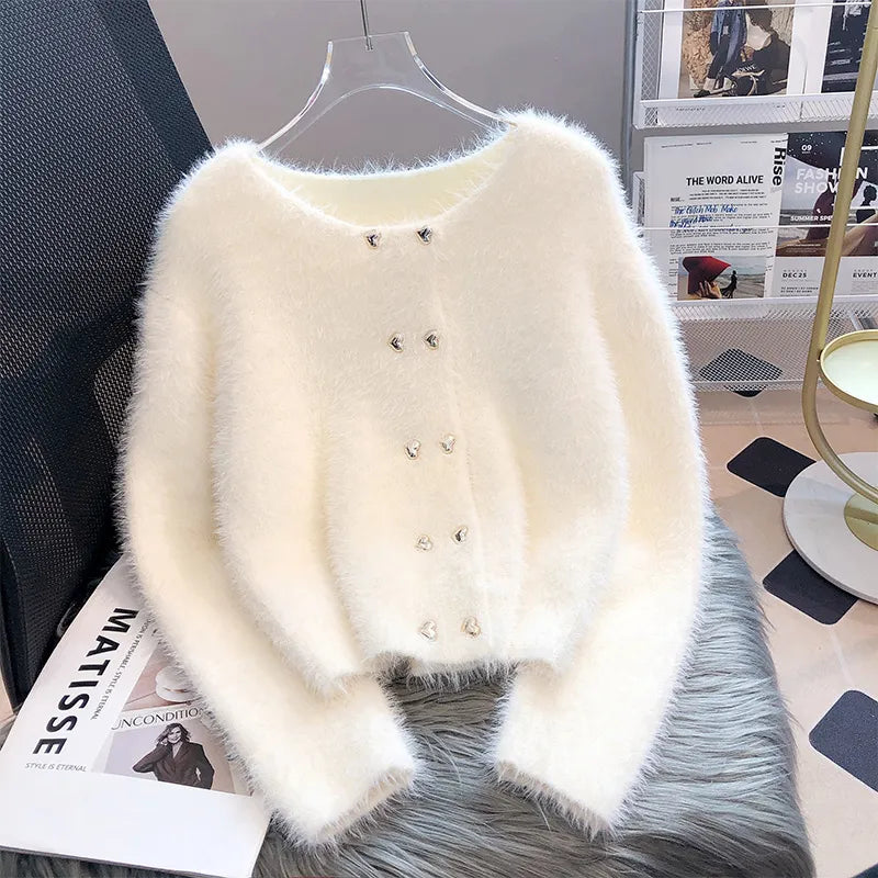 Imitation Mink Knitted Cardigan Sweater Coat Women's 2023 New Autumn Winter New Elegant Heart Double Breasted Long Sleeve Top