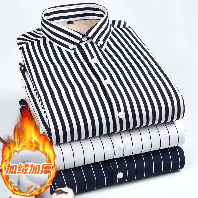 Men's Striped Long Sleeved Shirt 2023 Autumn High-quality Fashionable Business Slim Fitting Formal Shirt Winter Thickened Shirt