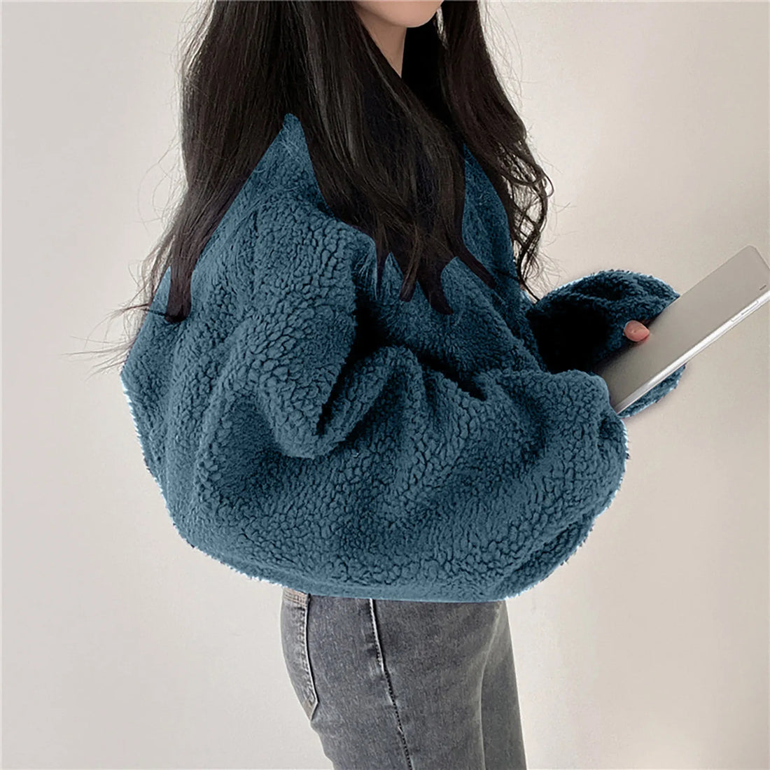 Fleece Hoodie Thickened Warm Women Zippe Sweatshirts No Hood Women'S Stand Collar Short Loose Plush Coats Winter Zipper Jackets